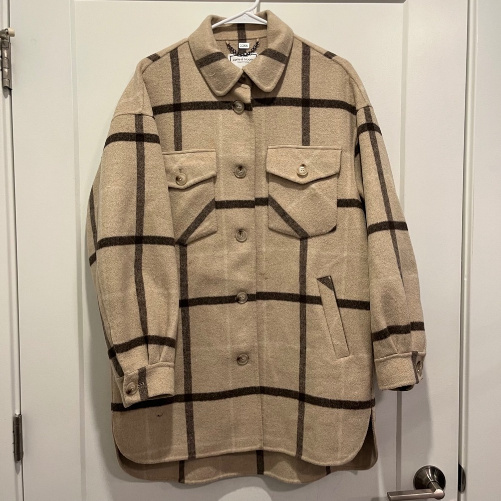 Belle & Bloom Tan Brown Plaid Wool Blend Oversized Shacket Jacket Large